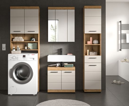 Waschmaschinenschrank Shawn in Sand Kashmir und Evoke Eiche Waschmaschinen �berbau 63 x 191 cm