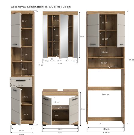 Badm�bel Set 4-teilig Shawn in Sand Kashmir und Evoke Eiche Badkombination 190 x 191 cm