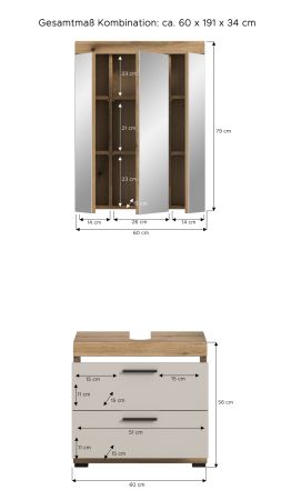 Badm�bel Set 2-teilig Shawn in Sand Kashmir und Evoke Eiche Badkombination 60 x 191 cm