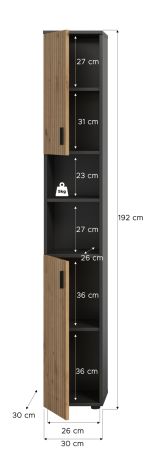 Badezimmer Hochschrank Livia in Artisan Eiche und grau Badschrank 30 x 192 cm