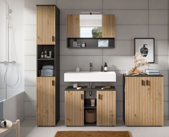 Badezimmer Hochschrank Livia in Artisan Eiche und grau Badschrank 30 x 192 cm