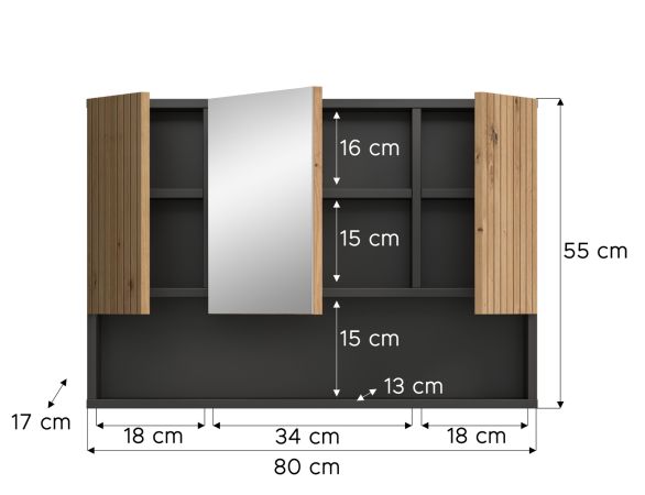 Badezimmer Spiegelschrank Livia in Artisan Eiche und grau Badschrank 3-t�rig 80 x 55 cm