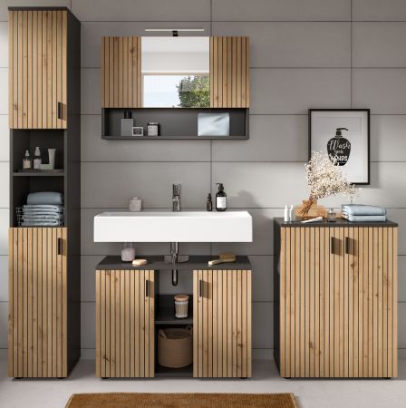 Badm�bel Set 4-teilig Livia in Artisan Eiche und grau Badkombination 200 x 192 cm