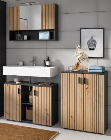 Badm�bel Set 3-teilig Livia in Artisan Eiche und grau Badkombination 155 x 180 cm