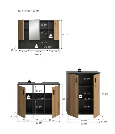 Badm�bel Set 3-teilig Livia in Artisan Eiche und grau Badkombination 155 x 180 cm