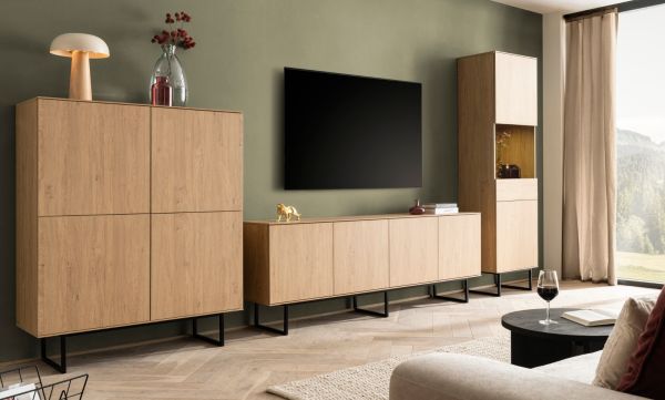 Wohnwand Breda in Stone Eiche Wohnkombination 3-teilig 400 cm, mit Push-to-Open