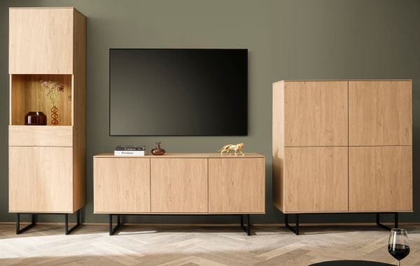 Wohnwand Breda in Stone Eiche Wohnkombination 3-teilig 353 cm, mit Push-to-Open