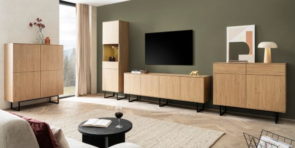 Wohnwand Breda in Stone Eiche Wohnkombination 3-teilig 400 cm, mit Push-to-Open