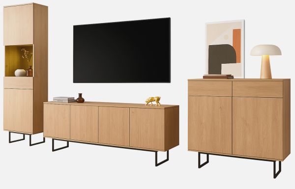 Wohnwand Breda in Stone Eiche Wohnkombination 3-teilig 400 cm, mit Push-to-Open