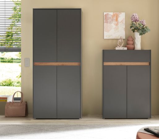 Garderobe Set 2-teilig Center in grau matt und Wotan Eiche Garderobenkombination 180 x 195 cm