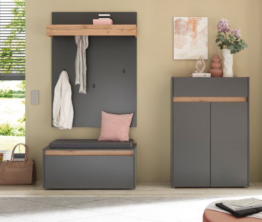 Garderobe Set 4-teilig Center in grau matt und Wotan Eiche Garderobenkombination 195 x 200 cm