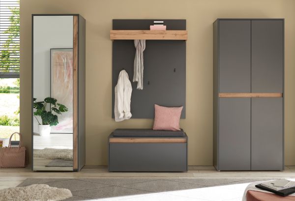 Garderobe Set 5-teilig Center in grau matt und Wotan Eiche Garderobenkombination 265 x 200 cm