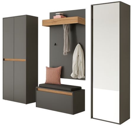 Garderobe Set 5-teilig Center in grau matt und Wotan Eiche Garderobenkombination 265 x 200 cm