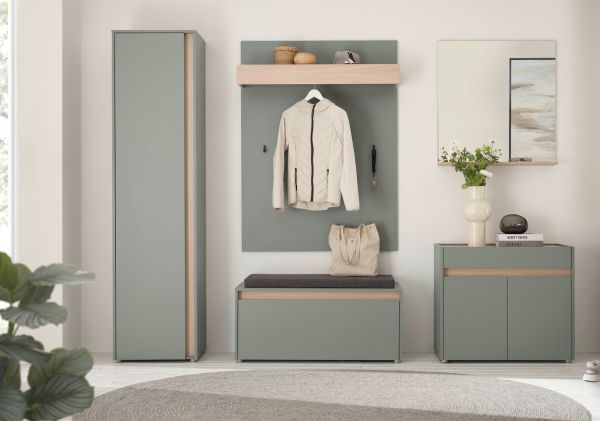 Schuhschrank Center in Salbei Gr�n und Barista Eiche Flurschrank 50 x 200 cm