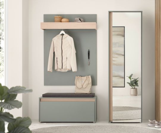 Garderobenschrank Center in Salbei und Barista Eiche Flurschrank mit Spiegel 60 x 200 cm