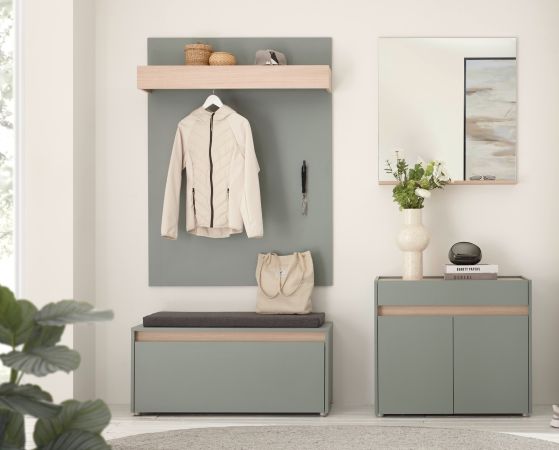 Schuhschrank Center in Salbei und Barista Eiche Flurkommode 80 x 70 cm
