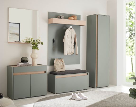 Garderobe Set 6-teilig Center Salbei und Barista Eiche 260 x 200 cm, Komplett-Set inkl. Sitzkissen