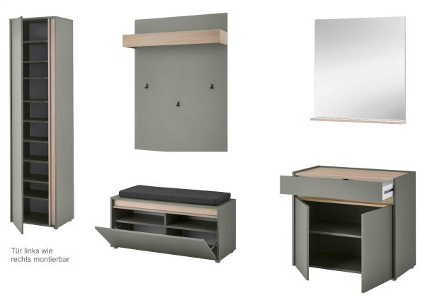 Garderobe Set 6-teilig Center Salbei und Barista Eiche 260 x 200 cm, Komplett-Set inkl. Sitzkissen