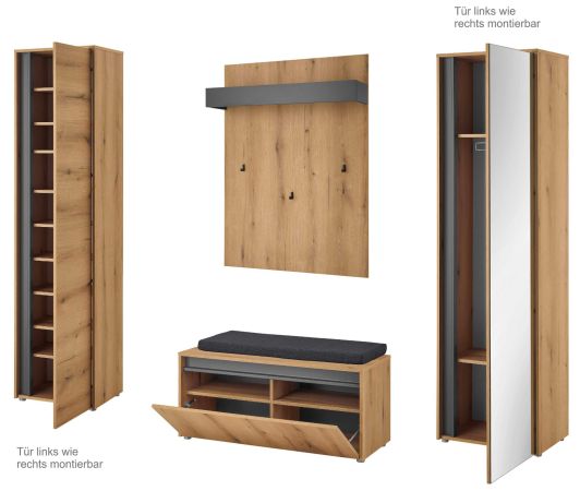 Garderobe Set 5-teilig Center in Evoke Eiche und grau Garderobenkombination 230 x 200 cm