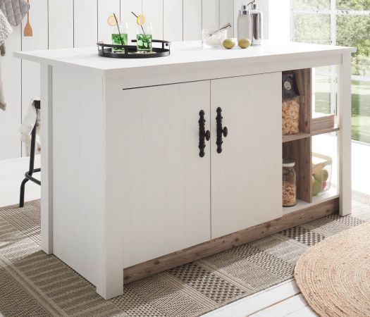 K�chentheke Rovola in wei� Pinie Landhaus K�cheninsel freistehend 161 x 90 cm, Soft-Close