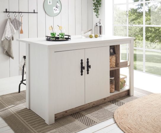 K�chentheke Rovola in wei� Pinie Landhaus K�cheninsel freistehend 161 x 90 cm, Soft-Close