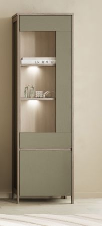 Vitrine Finnes in Salbei und Eiche Vitrinenschrank skandinavisch 58 x 195 cm, Soft-Close