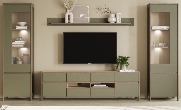 Wohnwand Finnes in Salbei und Eiche Wohnkombination skandinavisch 4-teilig 339 cm, Soft-Close