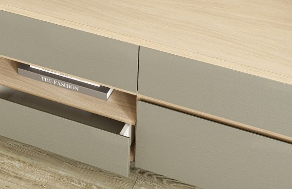Wohnwand Finnes in Salbei und Eiche Wohnkombination skandinavisch 4-teilig 339 cm, Soft-Close