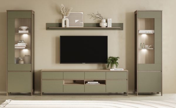 Wohnwand Finnes in Salbei und Eiche Wohnkombination skandinavisch 4-teilig 339 cm, Soft-Close