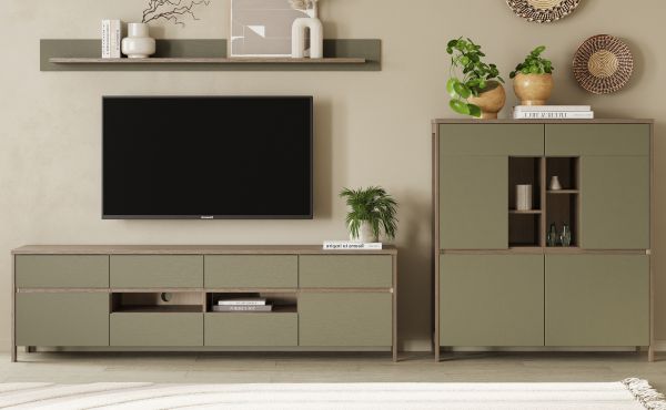 Wohnwand Finnes in Salbei und Eiche Wohnkombination skandinavisch 3-teilig 319 cm, Soft-Close