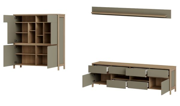 Wohnwand Finnes in Salbei und Eiche Wohnkombination skandinavisch 3-teilig 319 cm, Soft-Close