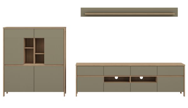 Wohnwand Finnes in Salbei und Eiche Wohnkombination skandinavisch 3-teilig 319 cm, Soft-Close