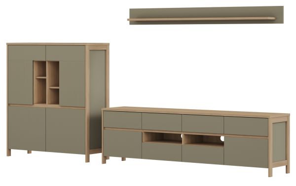 Wohnwand Finnes in Salbei und Eiche Wohnkombination skandinavisch 3-teilig 319 cm, Soft-Close