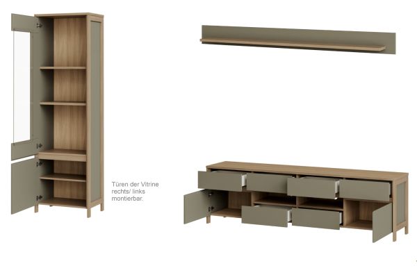 Wohnwand Finnes in Salbei und Eiche Wohnkombination skandinavisch 3-teilig 266 cm, Soft-Close
