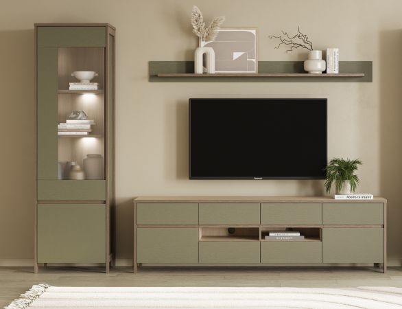 Wohnwand Finnes in Salbei und Eiche Wohnkombination skandinavisch 3-teilig 266 cm, Soft-Close
