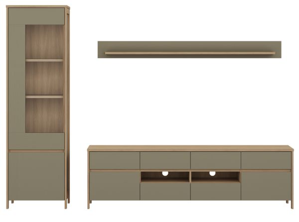 Wohnwand Finnes in Salbei und Eiche Wohnkombination skandinavisch 3-teilig 266 cm, Soft-Close