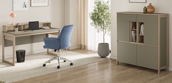 Wohnkombination Finnes in Salbei und Eiche Highboard und Schreibtisch skandinavisch, Soft-Close