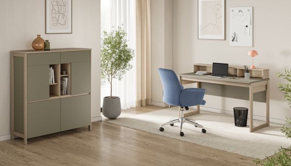 Wohnkombination Finnes in Salbei und Eiche Highboard und Schreibtisch skandinavisch, Soft-Close