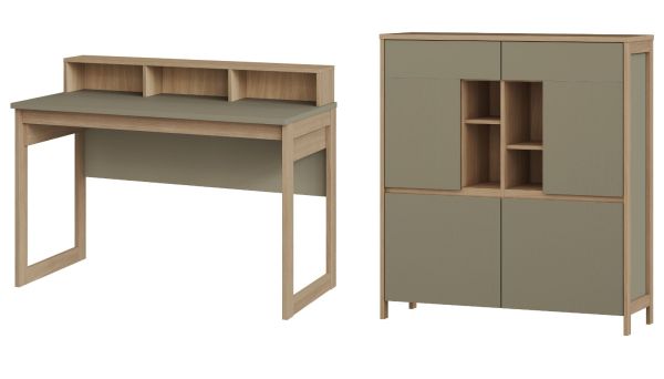 Wohnkombination Finnes in Salbei und Eiche Highboard und Schreibtisch skandinavisch, Soft-Close