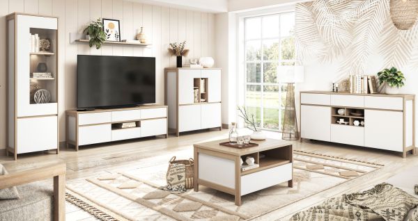 Vitrine Finnes in wei� und Eiche Vitrinenschrank skandinavisch 58 x 195 cm, Soft-Close