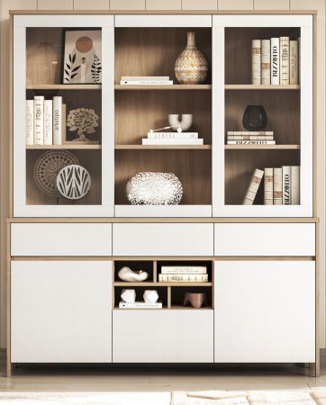 Buffet Finnes in wei� und Eiche Vitrinenschrank skandinavisch 164 x 195 cm, Soft-Close
