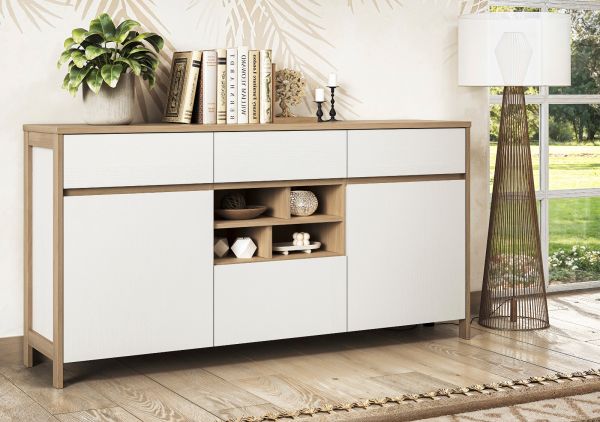 Sideboard Finnes in wei� und Eiche Kommode skandinavisch 164 cm, Soft-Close