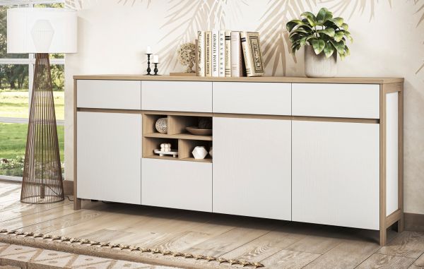 Sideboard Finnes in wei� und Eiche Kommode skandinavisch 193 cm, Soft-Close