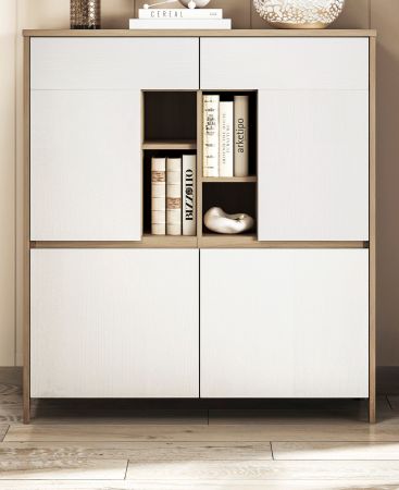 Highboard Finnes in wei� und Eiche Kommode skandinavisch 111 x 125 cm, Soft-Close
