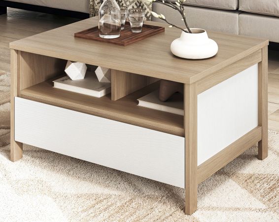 Couchtisch Finnes in wei� und Eiche Beistelltisch skandinavisch 80 x 60 cm, Soft-Close