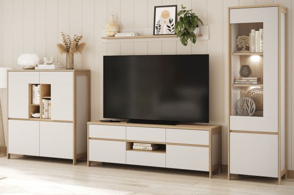 Wohnwand Finnes in wei� und Eiche Wohnkombination skandinavisch 4-teilig 360 cm, Soft-Close