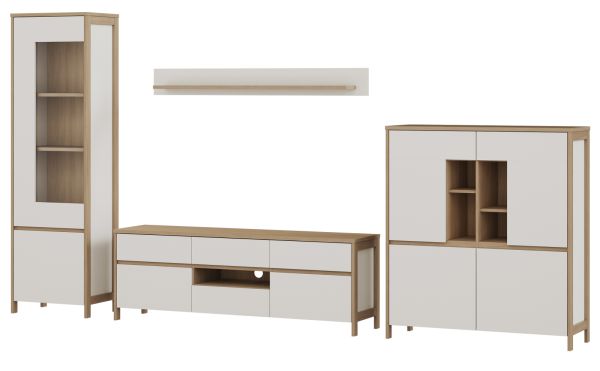 Wohnwand Finnes in wei� und Eiche Wohnkombination skandinavisch 4-teilig 360 cm, Soft-Close