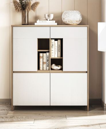 Arbeitszimmer Finnes in wei� und Eiche, Set Highboard und Schreibtisch skandinavisch, Soft-Close