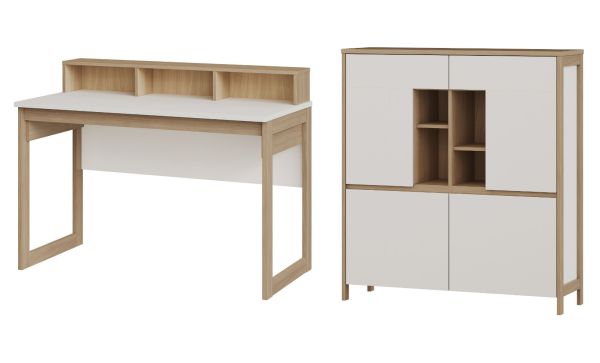 Arbeitszimmer Finnes in wei� und Eiche, Set Highboard und Schreibtisch skandinavisch, Soft-Close