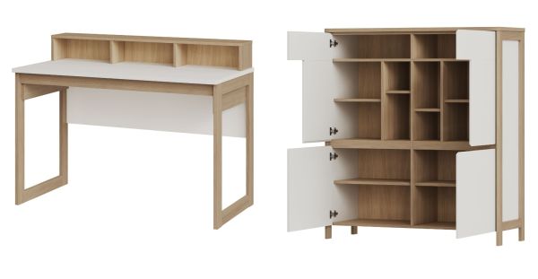 Arbeitszimmer Finnes in wei� und Eiche, Set Highboard und Schreibtisch skandinavisch, Soft-Close